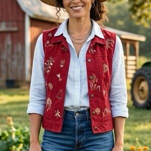 TanJay Cherry Red Embroidered Vest Eclectic Rooster Farm Spring Fish Hay Barn